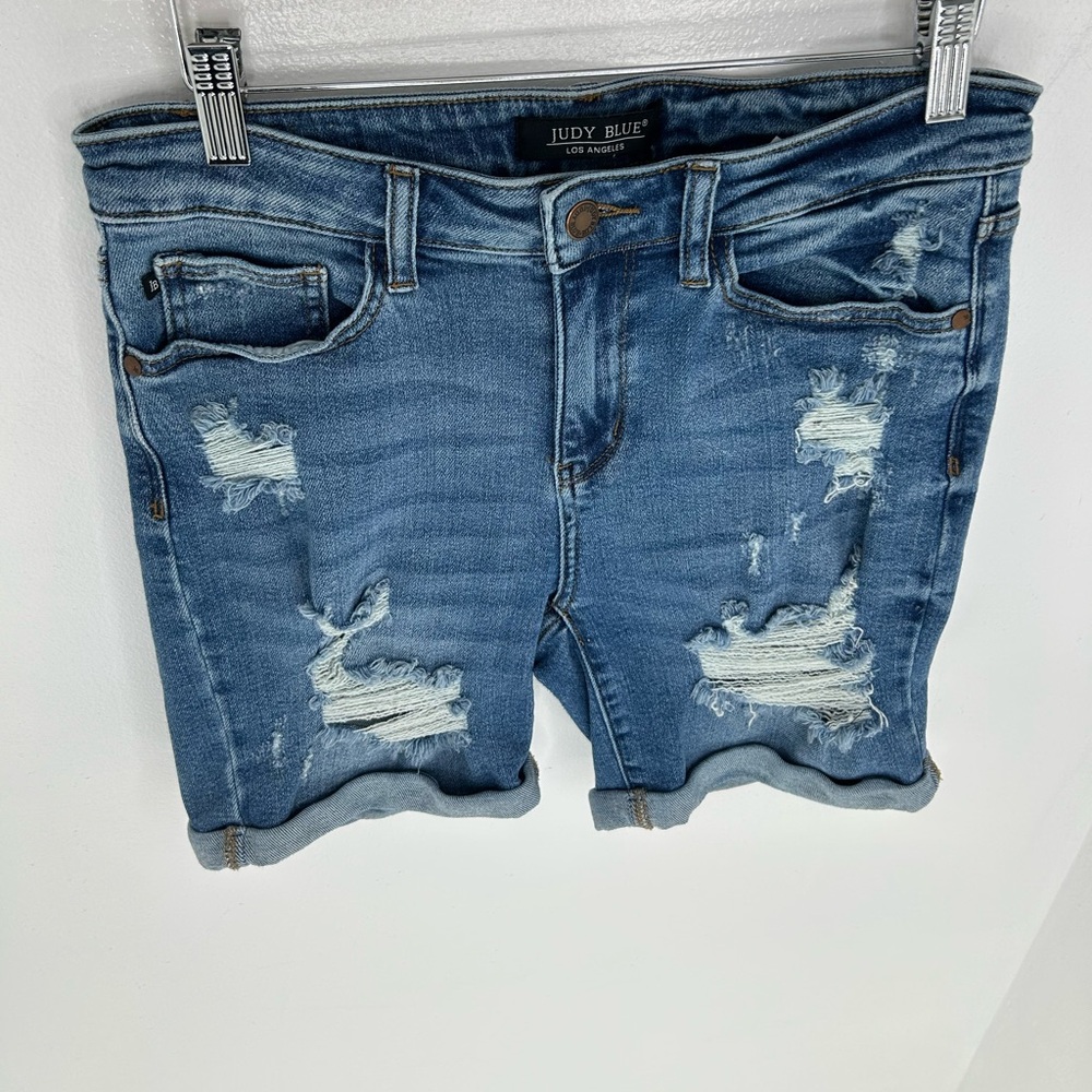 Judy Blue High‎ Waist Cuffed Denim Shorts Medium Stretch Denim Distressed 30x6 - Picture 4 of 11
